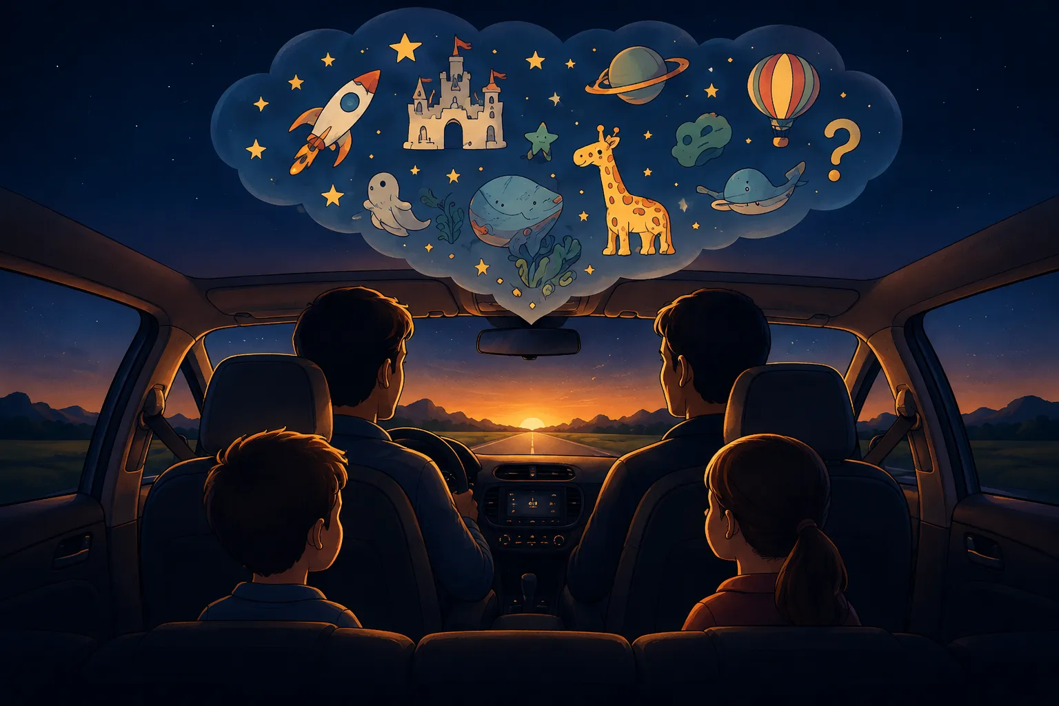 Una familia en el coche al atardecer con una nube de imaginación llena de castillos, animales y cohetes