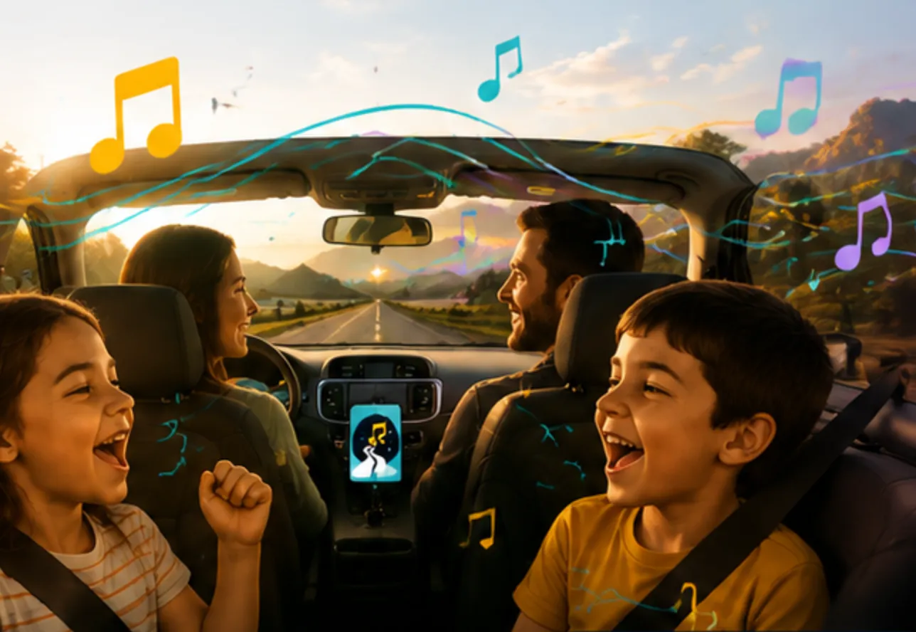 Una familia jugando durante un viaje en coche al atardecer
